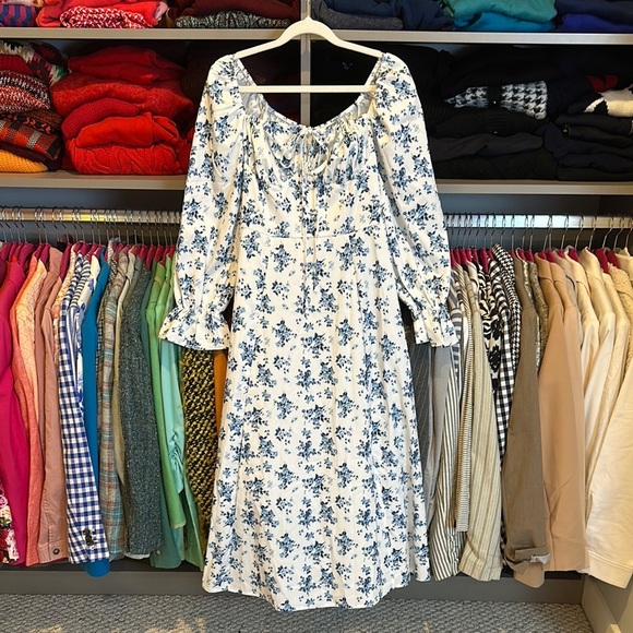 Unbranded white/blue floral long sleeve back zipper closure midi dress size S - Picture 1 of 2